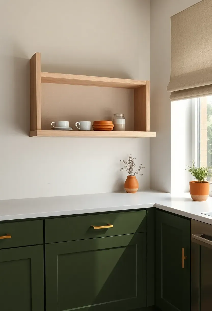 Kitchen with deep olive green lower cabinets, warm brass handles, natural wood open upper shelving, and cream linen roller blind in soft daylight