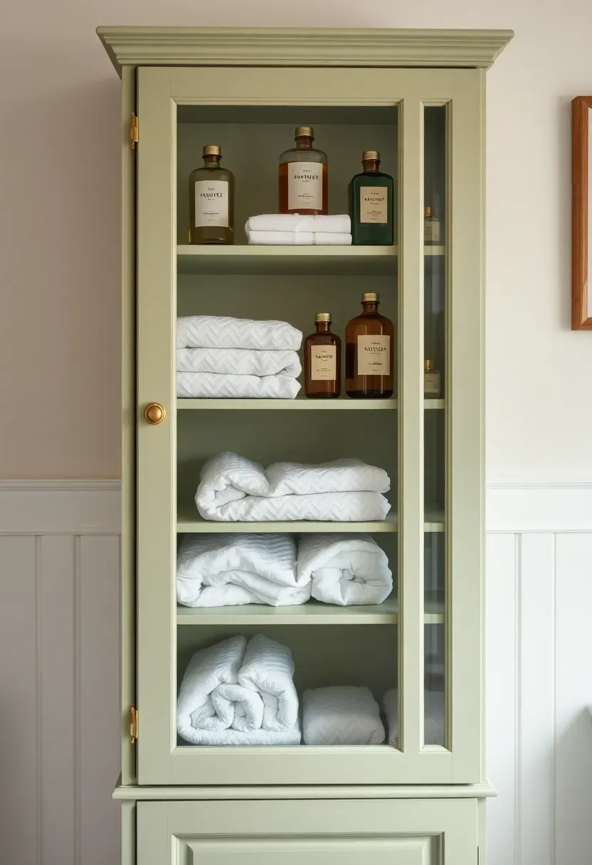 Tall glass-front display cabinet showing folded towels, perfume bottles, and decorative glass jars in a bathroom