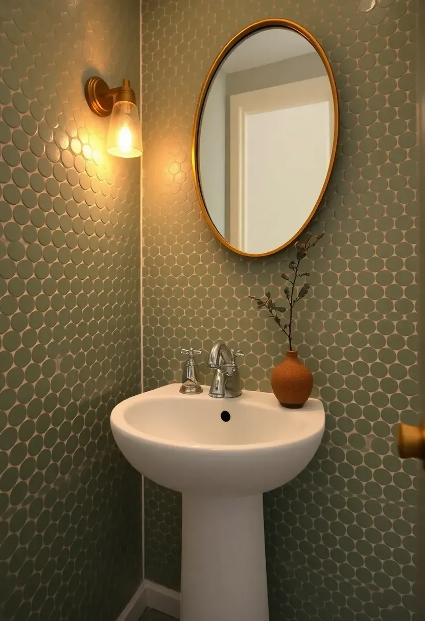 Penny round mosaic tile accent wall in matte sage green behind a pedestal sink in a small bathroom
