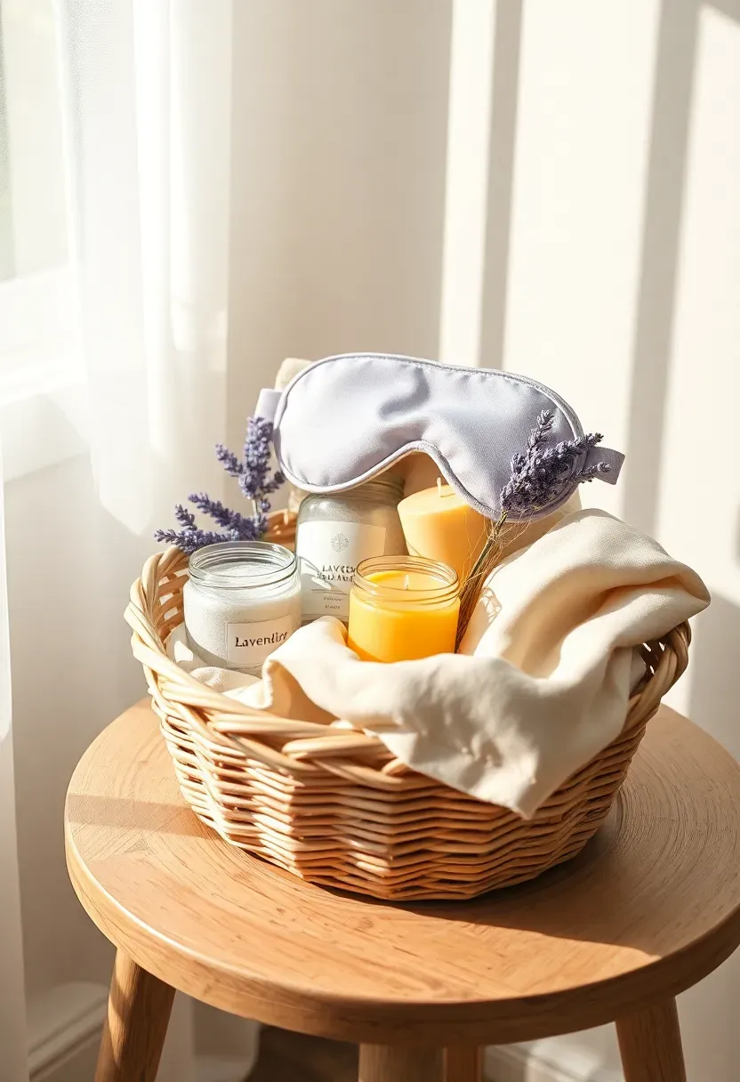 spa retreat gift basket for new mom with lavender bath salts silk eye mask candles and soft towels in a woven basket