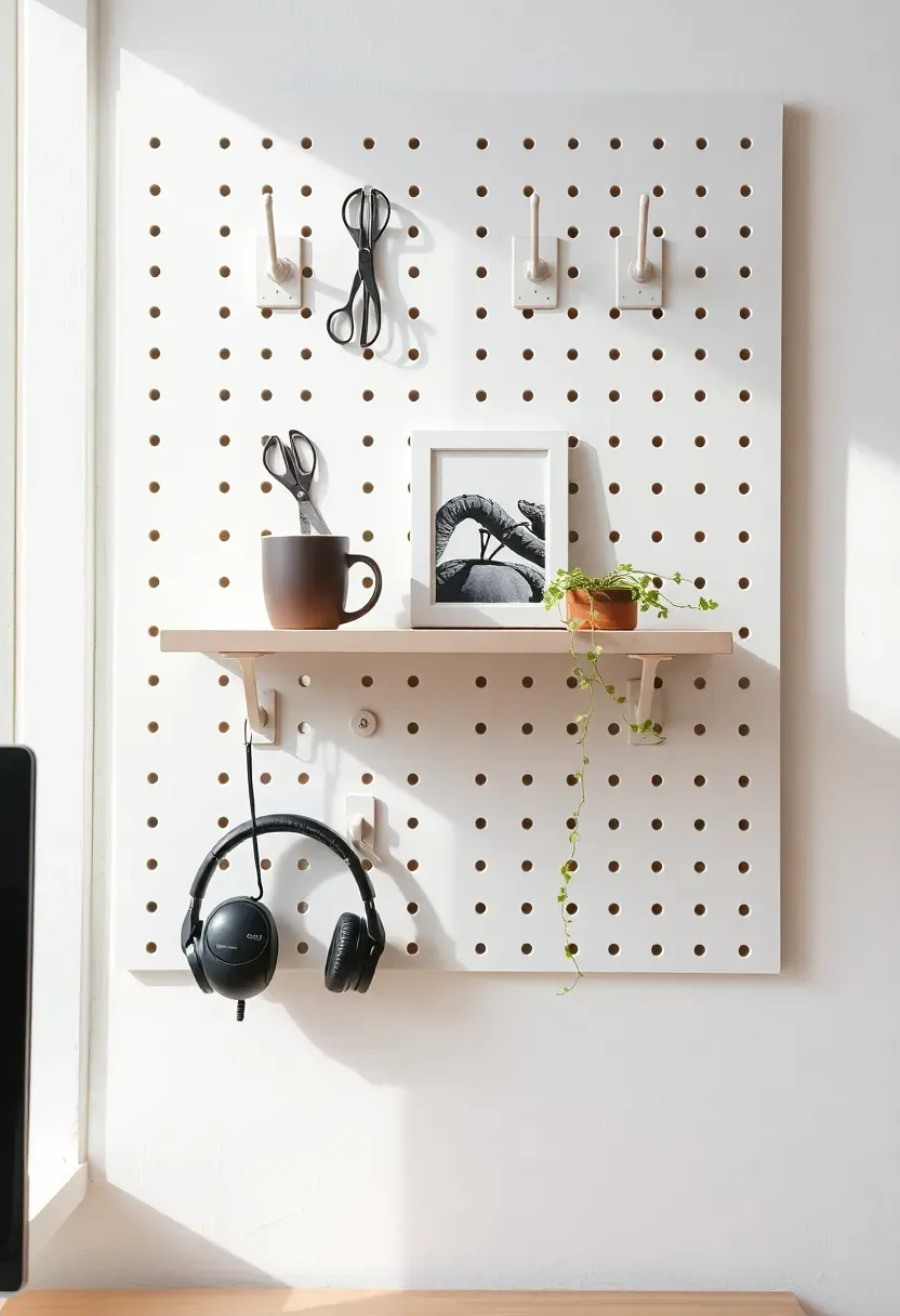 white pegboard wall in a home office with shelves hooks and organizers holding supplies and plants
