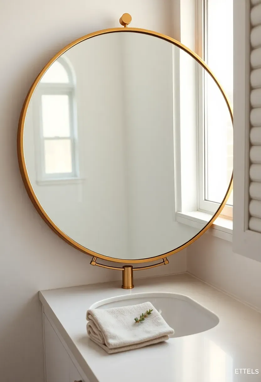 Large round mirror with brushed brass frame leaning in a small bathroom corner, reflecting window light and visually expanding the space — minimal vanity styling in the foreground