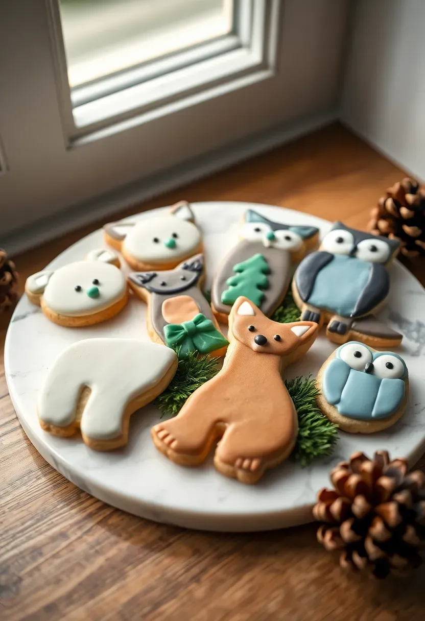 decorated woodland animal sugar cookies shaped as bears, foxes, and deer with blue icing details on a white marble tray