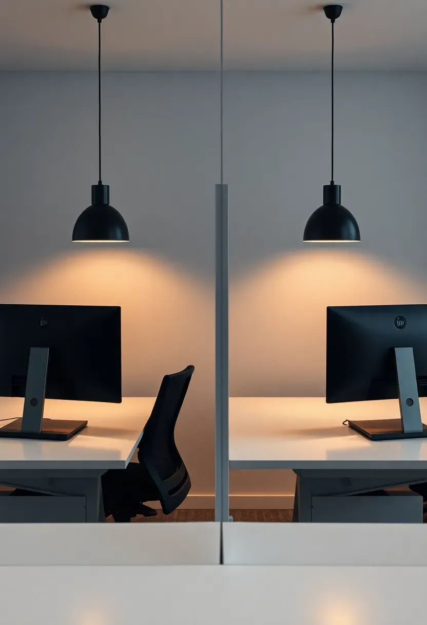 Two people working at facing desks in a windowless basement office with pendant lights over each workspace