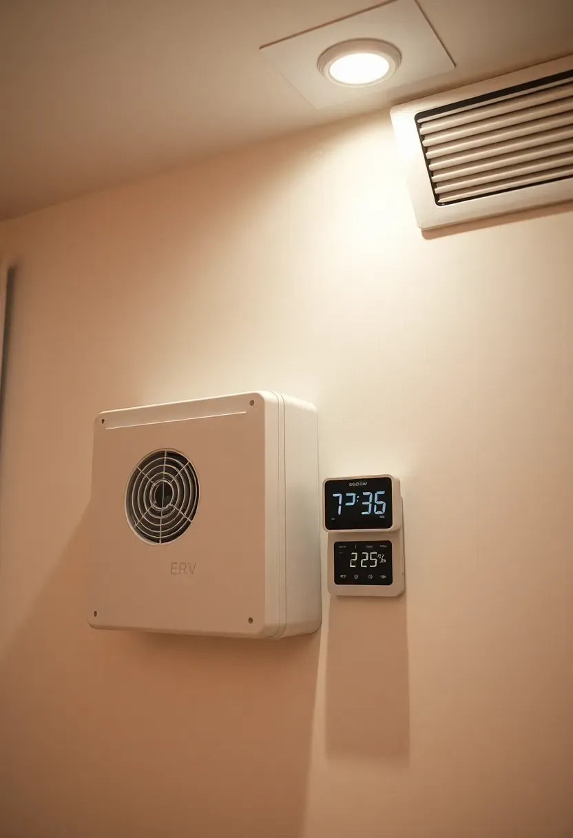 Basement apartment with a wall-mounted ERV unit, ceiling vent, and a digital air quality monitor showing temperature and humidity