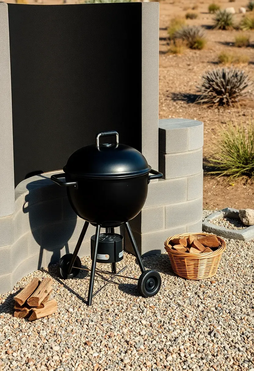 Charcoal grill positioned next to a low curved cinder block windscreen wall on a gravel patio with firewood stacked nearby