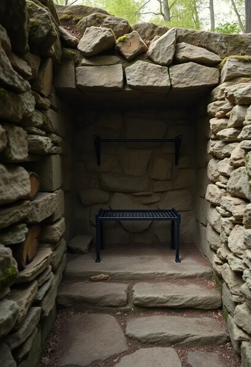 Rustic stone alcove built into a hillside with a steel grill grate, stacked firewood niche, and flagstone steps leading down to the cooking area
