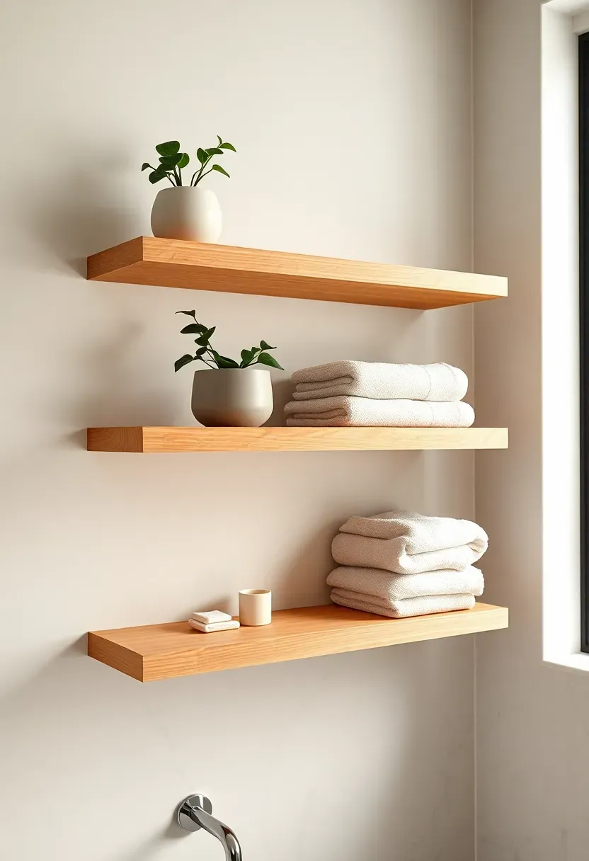 Floating white shelves above a toilet with curated art, plants, and folded towels in a calm modern luxury bathroom