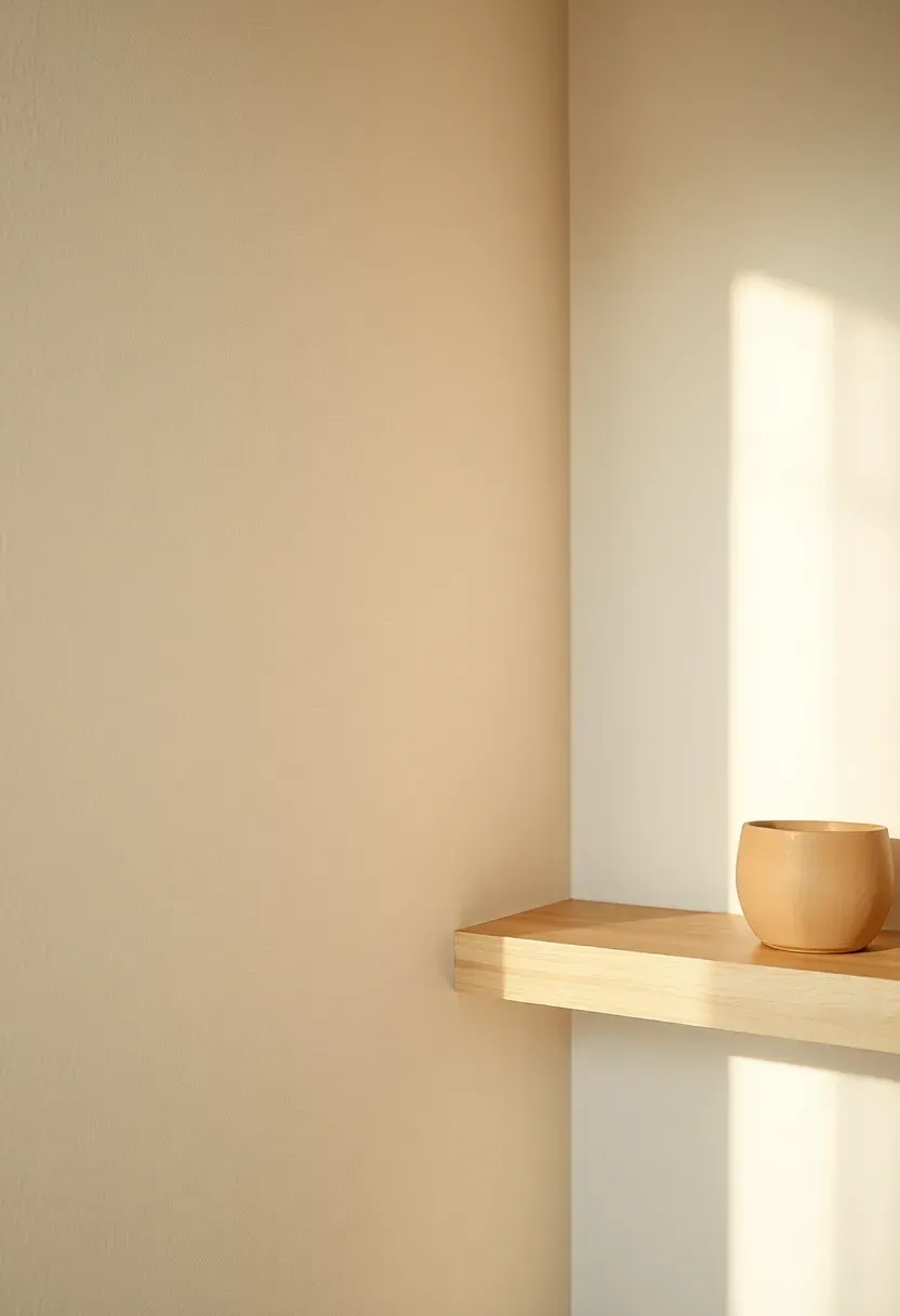 Hyper-realistic close-up detail of neutral textured wall treatment in Japandi living room: limewash plaster finish with subtle organic variations and mottled texture, warm cream color with slight unevenness, corner of room showing transition to smooth plaster wall, minimal wooden shelf with single ceramic object. Materials: limewash plaster with visible texture variation, smooth plaster contrast, light oak shelf, matte ceramic vessel. Side lighting raking across wall to emphasize texture. Organic warm mood. Sharp focus on wall texture, shallow depth of field, visible room context with window frame edge. No text, no logos, no watermarks.</p>