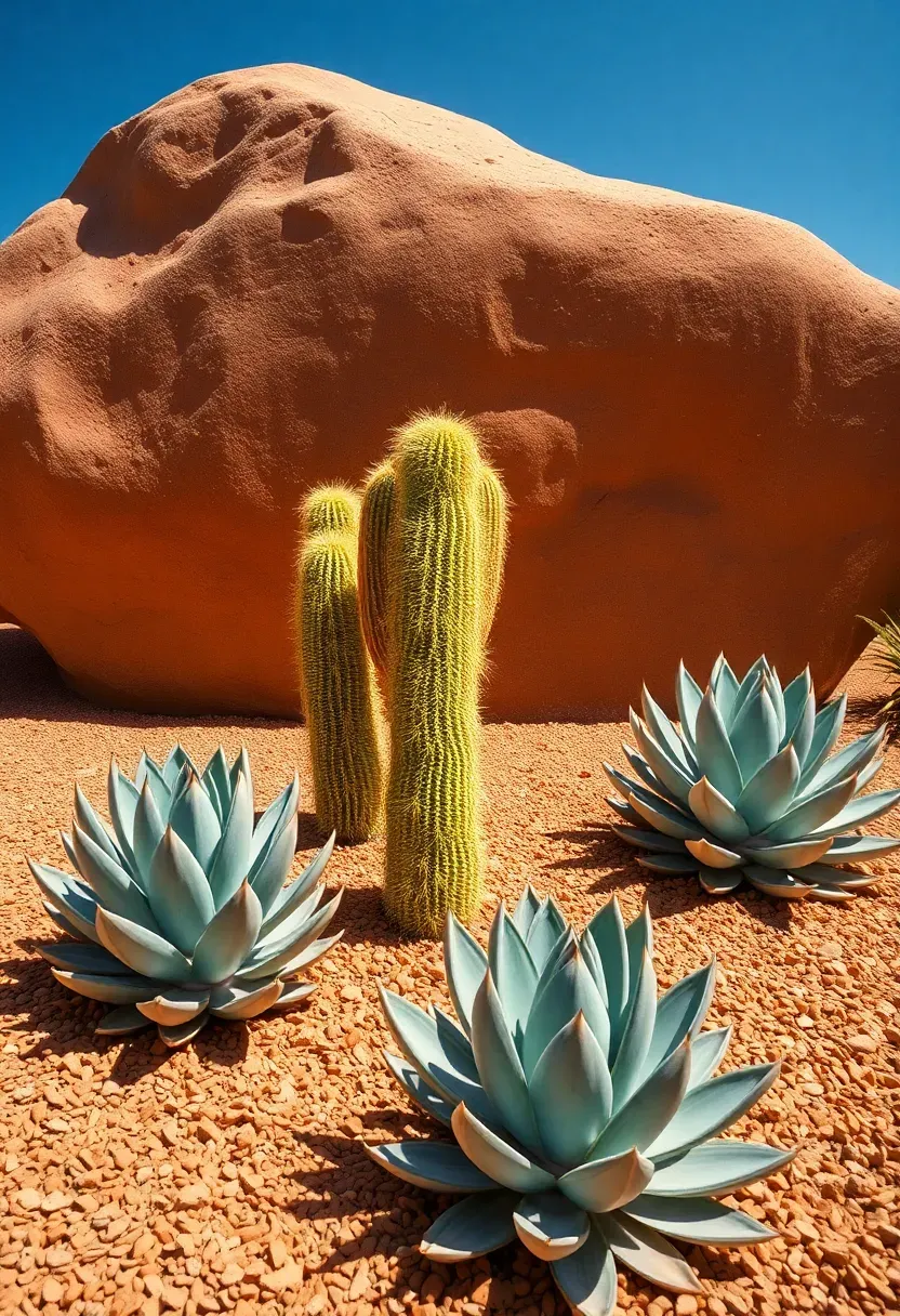 Desert Southwest xeriscape rock garden with terracotta gravel, golden barrel cacti, agaves, and ochre sandstone boulders under clear blue sky