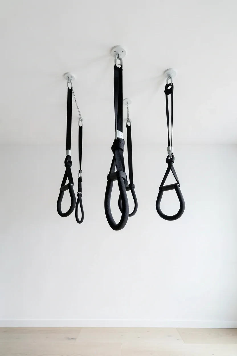 Ceiling-mounted suspension trainer with minimal hardware in a bright minimalist home gym — space-saving full-body workout setup for small rooms