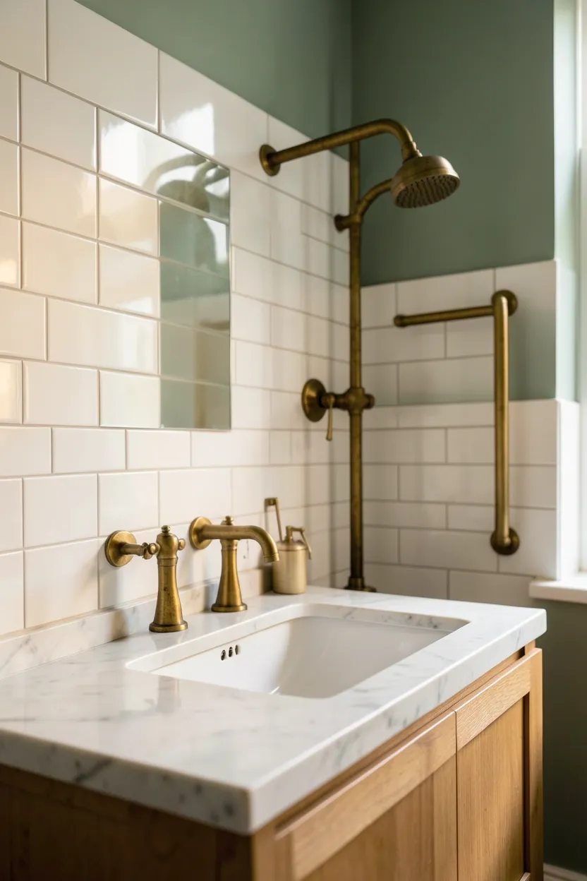 Warm brass basin taps and towel rail against white tiles in a budget UK bathroom upgrade