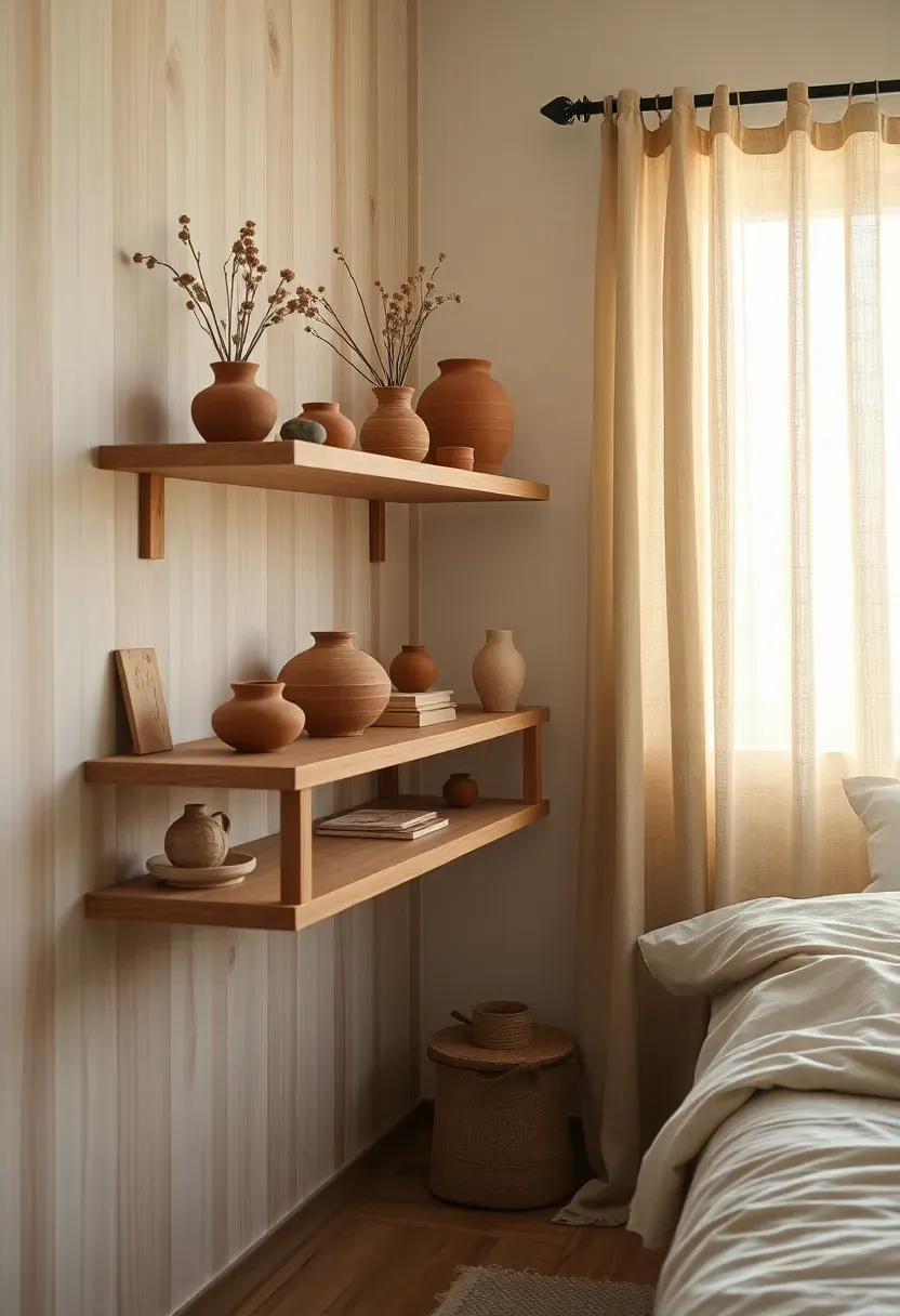 Clay pottery shelf styling with dried stems