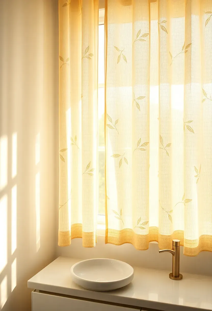 Light patterned sheer curtain panels with delicate botanical print on a bright bathroom window diffusing afternoon light
