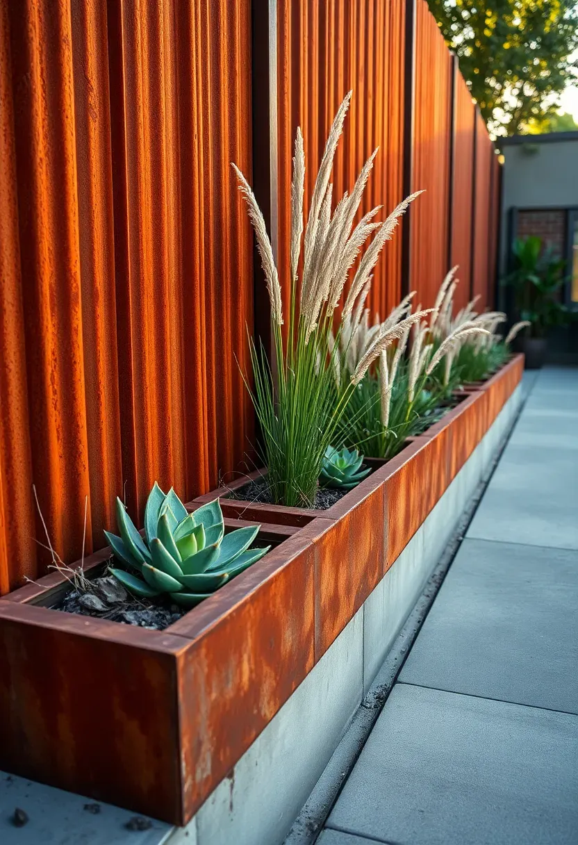 Corten steel planter-fence hybrid with rusted patina, planted with ornamental grasses and succulents along a modern patio