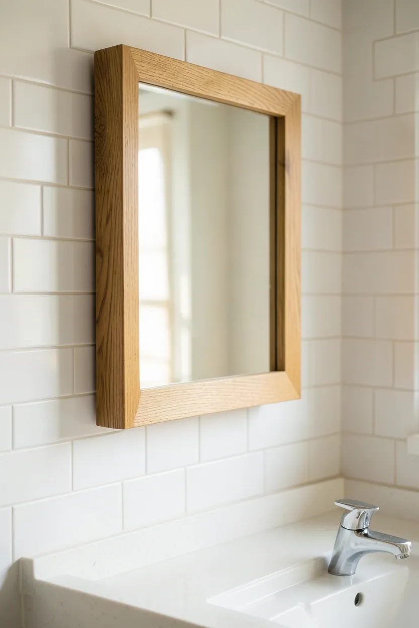 Teak shower bench with warm amber wood grain inside a small apartment bathroom shower, natural moisture-resistant wood for renters