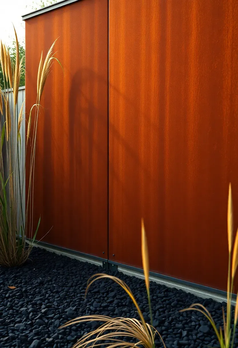 Weathering steel Corten panel wall with a deep rust orange patina in a contemporary backyard with black gravel and ornamental grasses