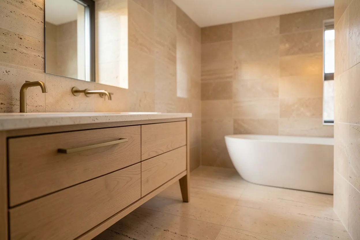 Modern calm bathroom in 2025 style with natural stone, warm wood vanity, and soft neutral palette