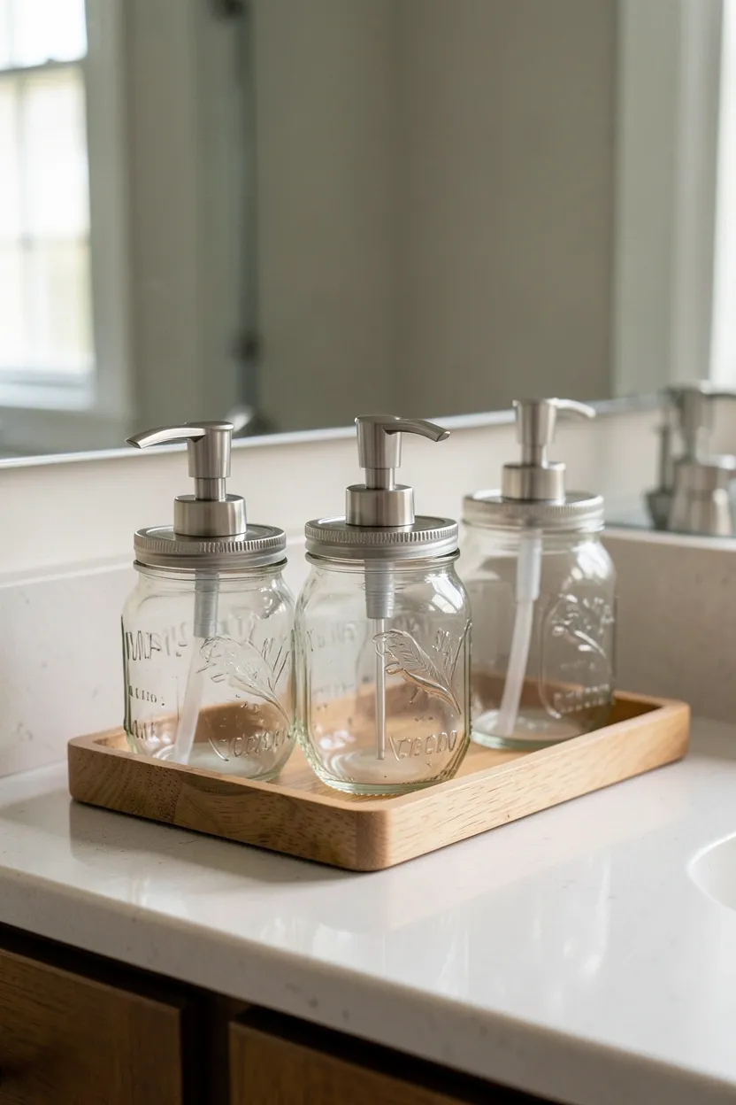 Set of clear mason jar soap and lotion dispensers with brushed gold pump tops arranged on a marble vanity tray in a bathroom
