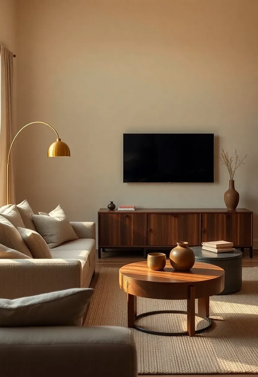 Brass arc lamp anchoring a movie-night layout