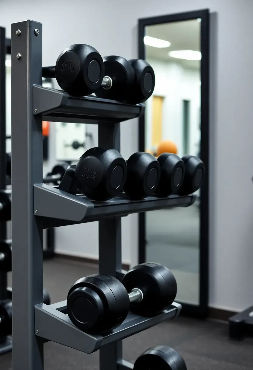 Compact free weight rack with integrated full-length mirror storing three tiers of dumbbells in a small home gym