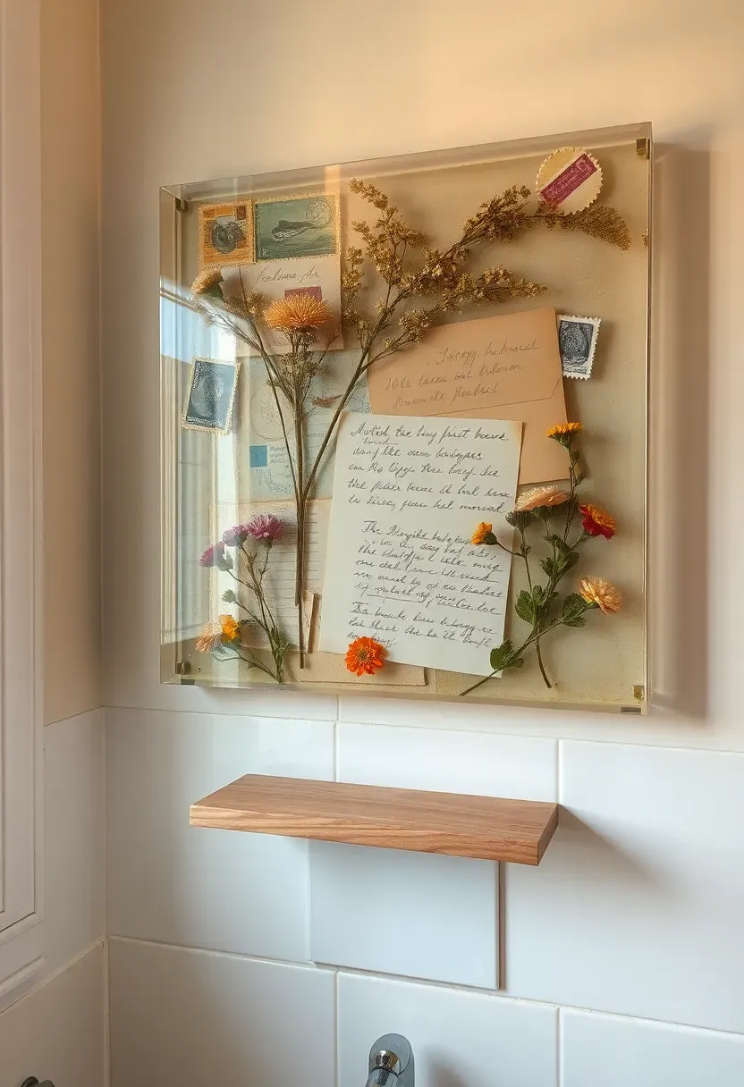 Mixed-media collage artwork sealed under thick clear resin coat showing vintage paper ephemera and pressed flowers on a bathroom wall