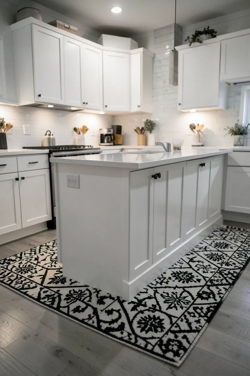 Black metal open shelves mounted on white kitchen wall displaying white ceramics, black cookware and small potted plants in a curated monochrome display