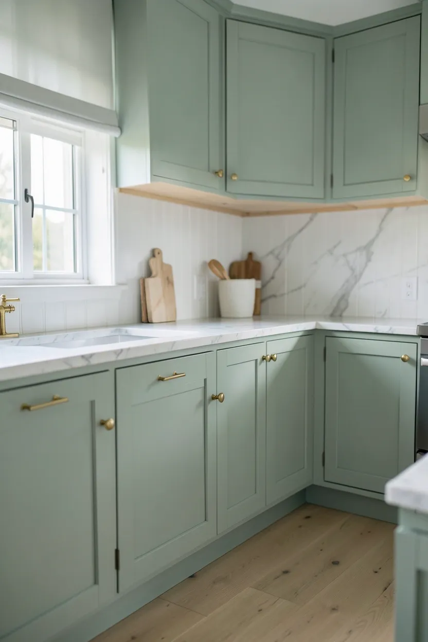 Soft sage green lower cabinets with white marble countertop, copper hardware, and oak flooring — nature-inspired coastal kitchen color palette