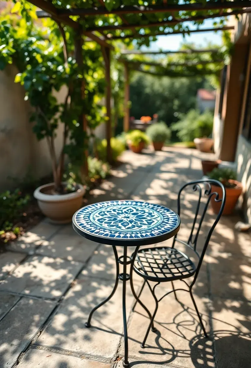 Small round bistro table with intricate Moroccan zellige tile mosaic top in blue and white patterns on a shaded garden patio