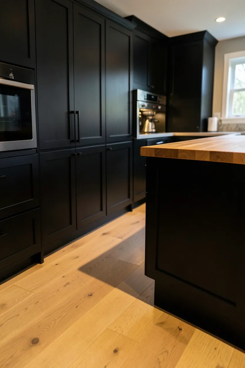 Black Cabinetry With Light Wood Floor