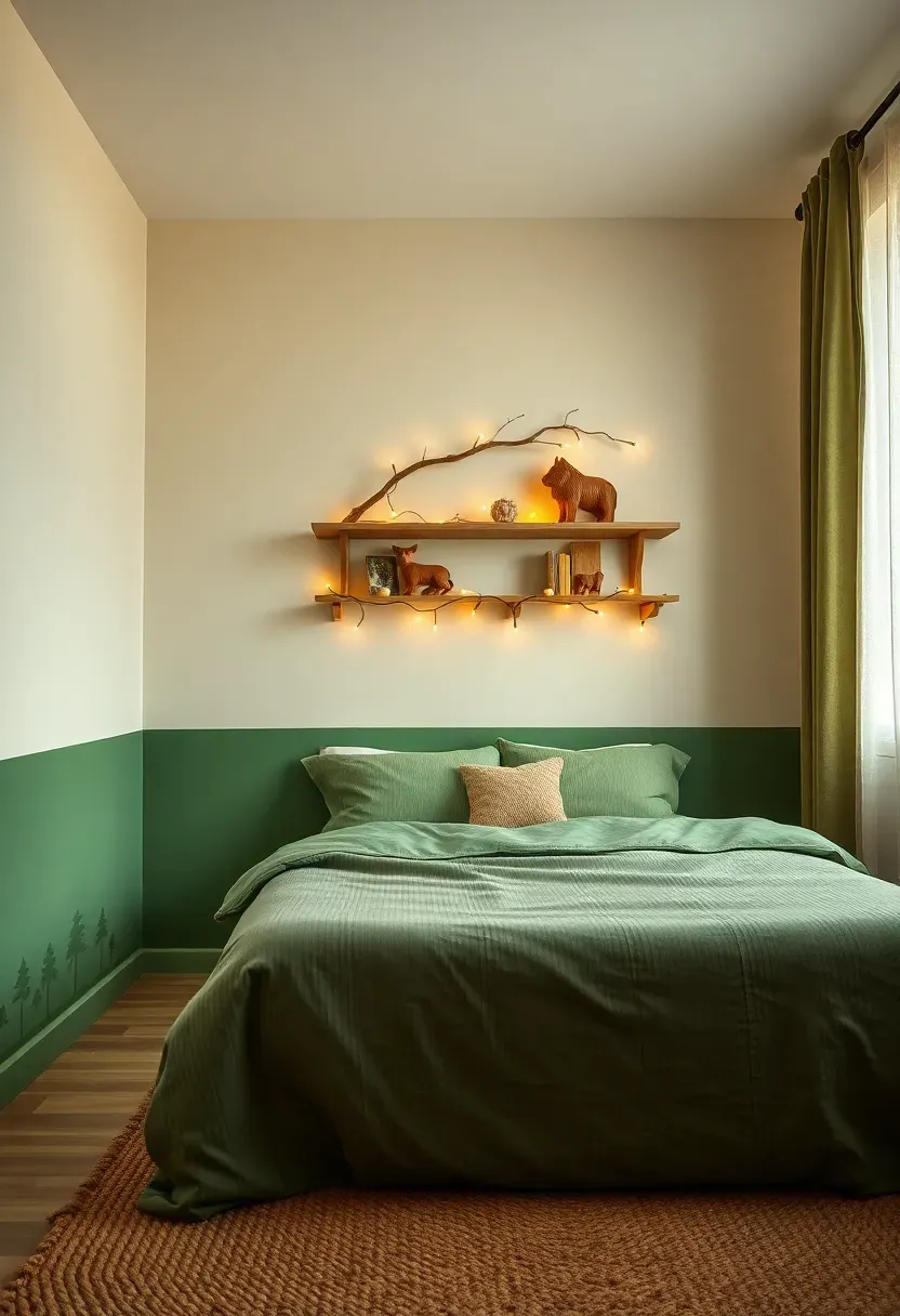 Woodland-themed boy bedroom with forest green walls, natural wood furniture, and plush animal cushions