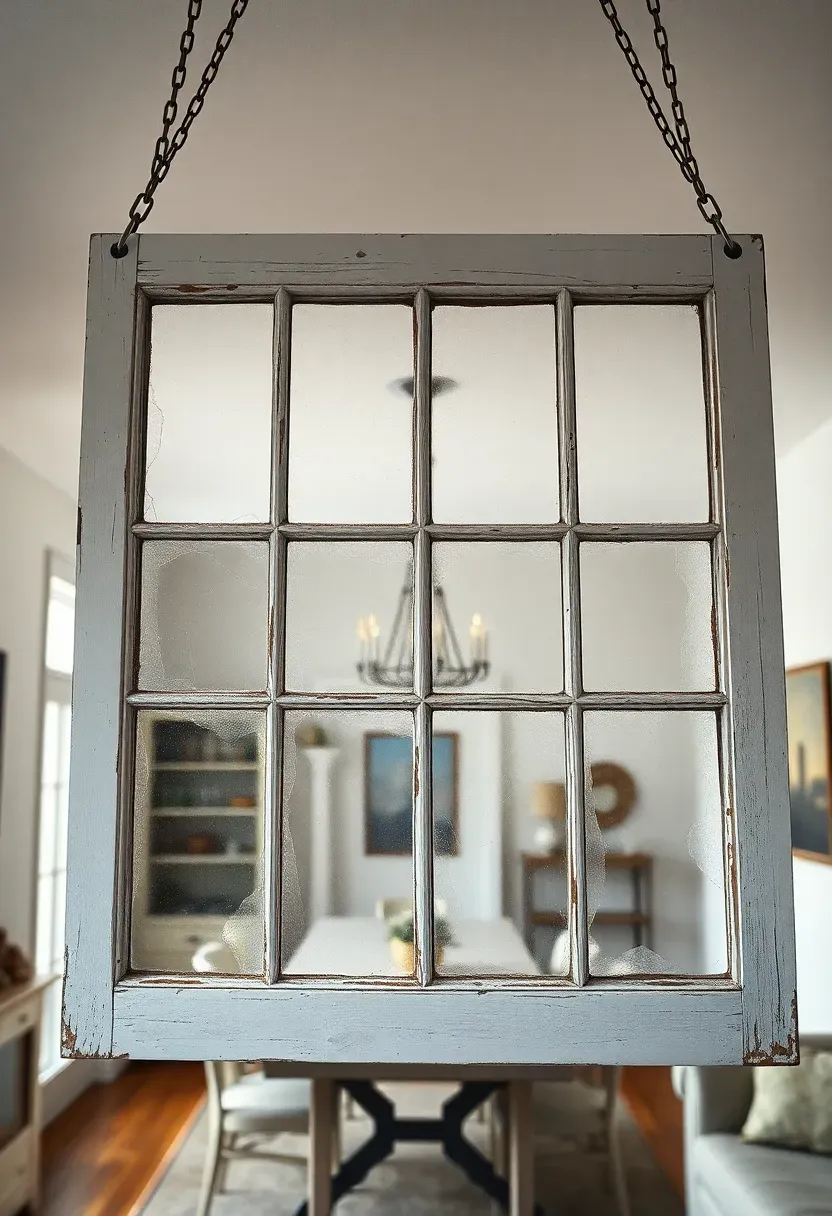 Old multi-pane window frame with chippy white paint used as a room divider between a shabby chic dining area and a living space