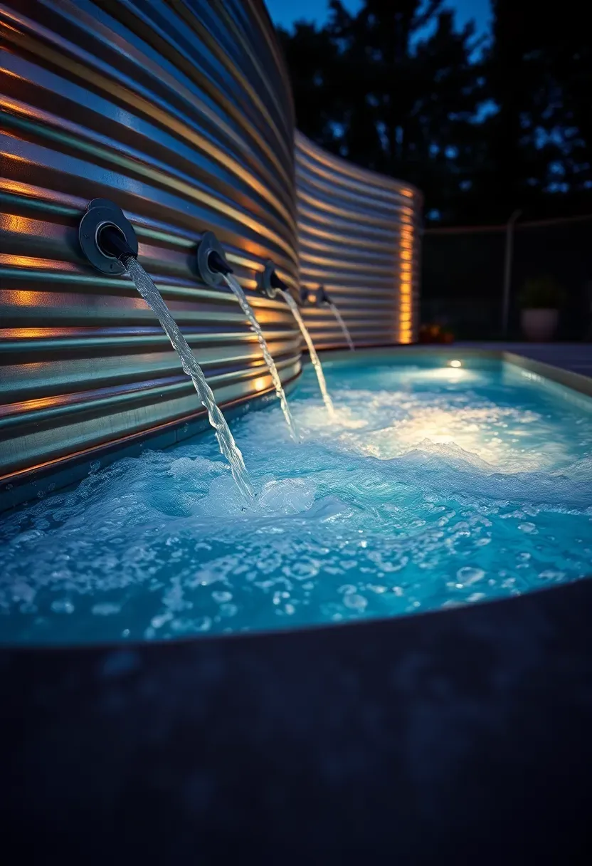 Stock tank pool with visible water jets along one side creating bubbling action, lit from inside with warm white underwater lights at evening