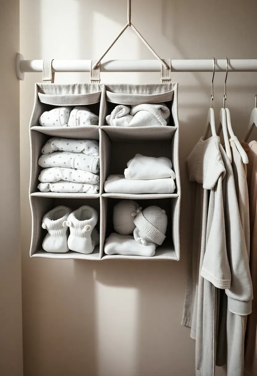 hanging shelf organizer with six fabric compartments suspended from a baby closet rod holding sorted folded clothes