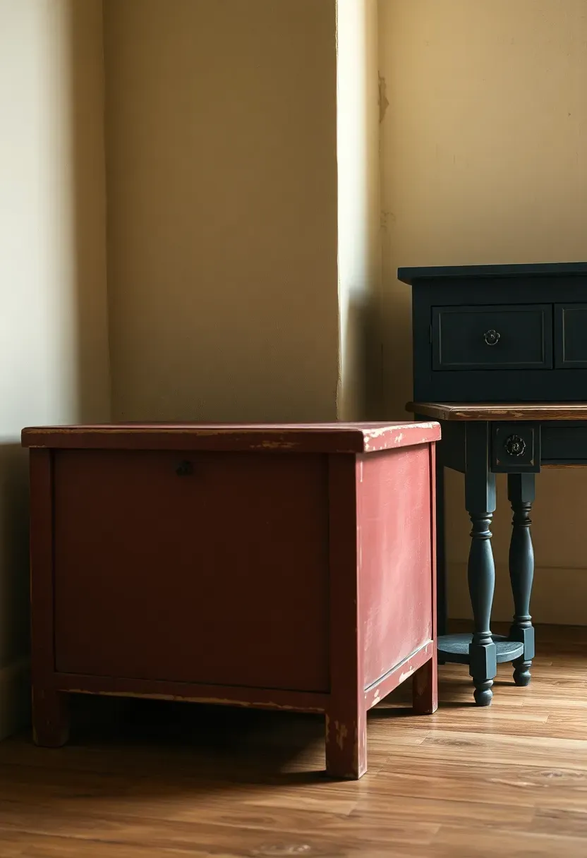 colonial furniture painted in muted milk paint colors showing layered patina and brushwork