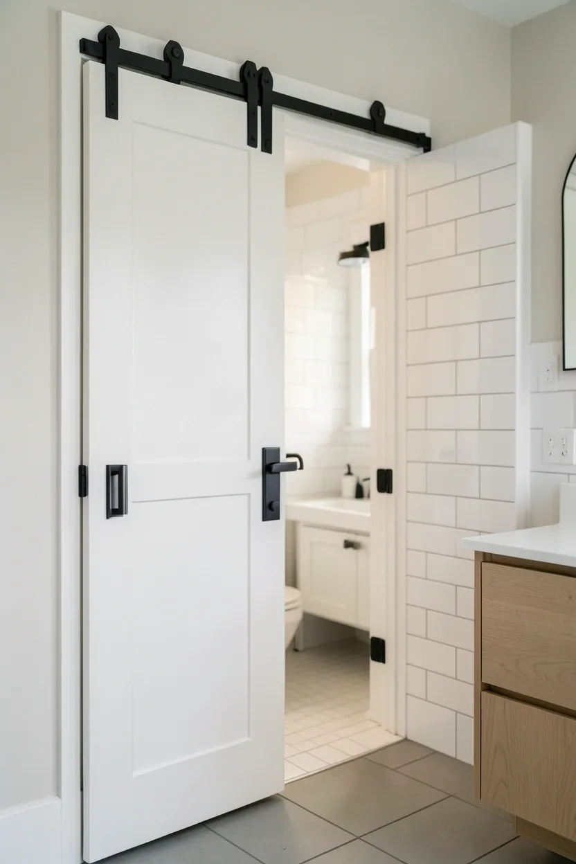 Frosted glass sliding barn door on black steel rail saving floor space in a small apartment bathroom