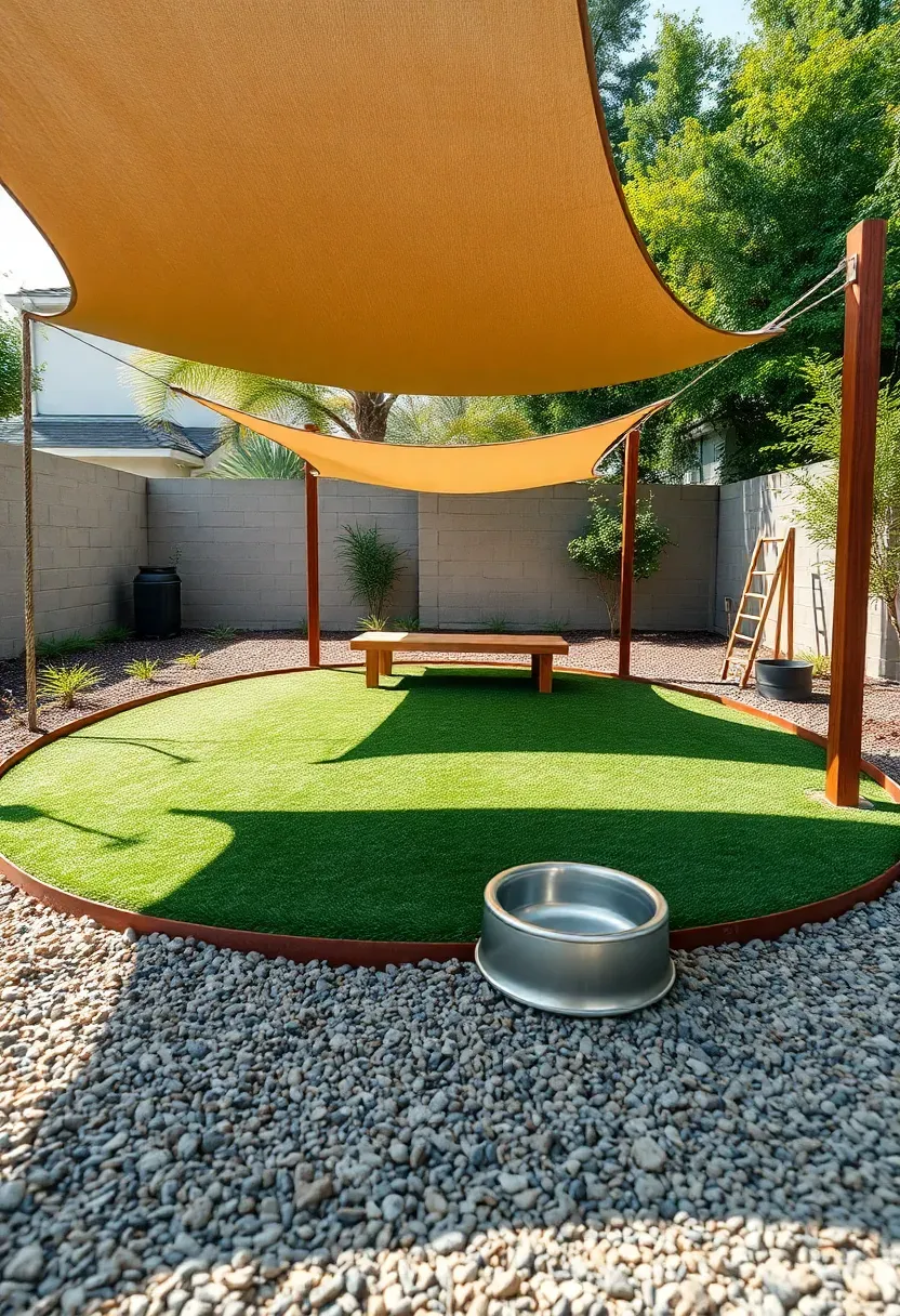 Backyard designed for dogs with a perimeter running loop of compacted decomposed granite around a central turf area and a shaded rest station with water bowl