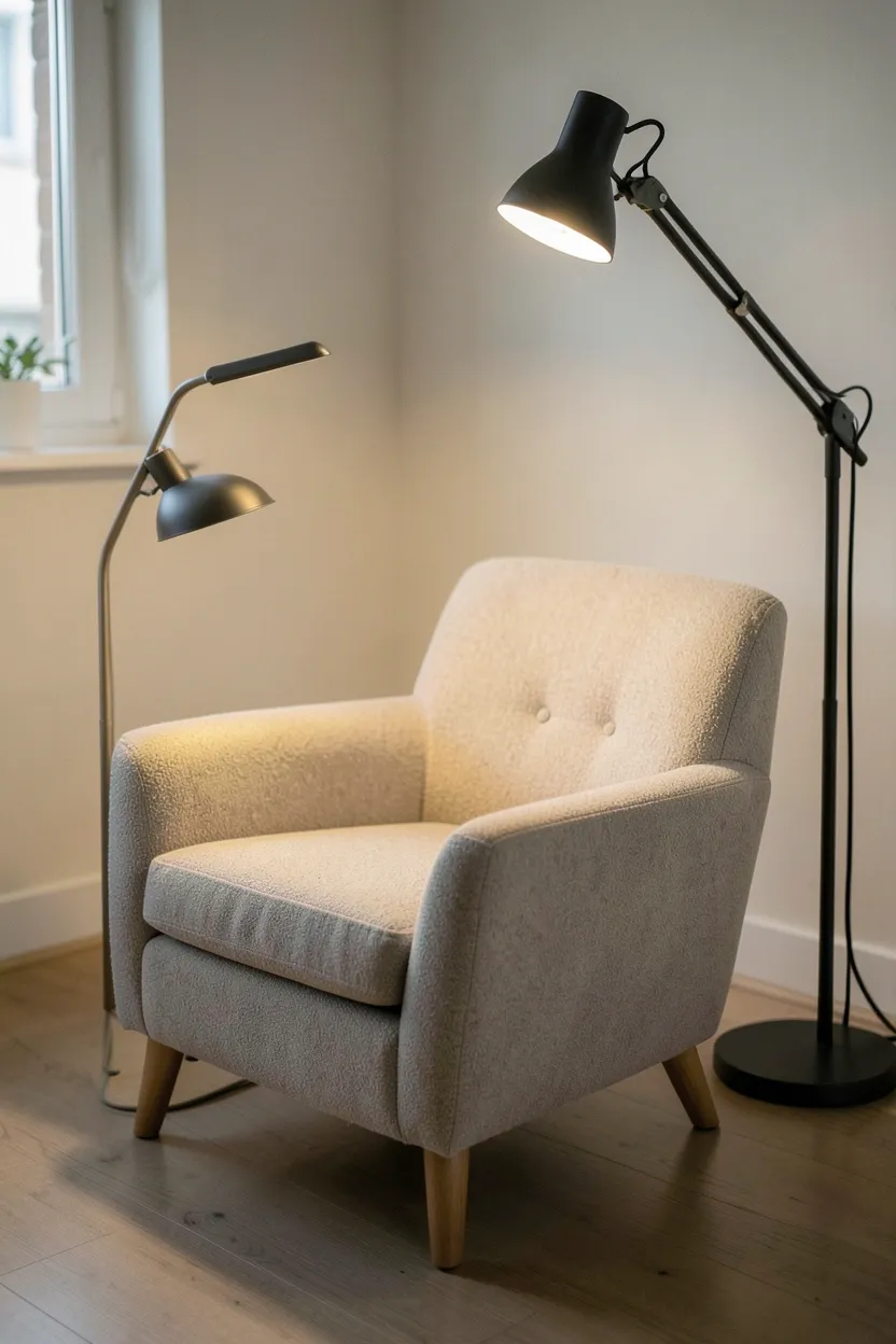 Deep-seated lounge chair in oatmeal fabric with a slim matte black task floor lamp in a neutral bedroom corner — simple minimalist reading nook setup