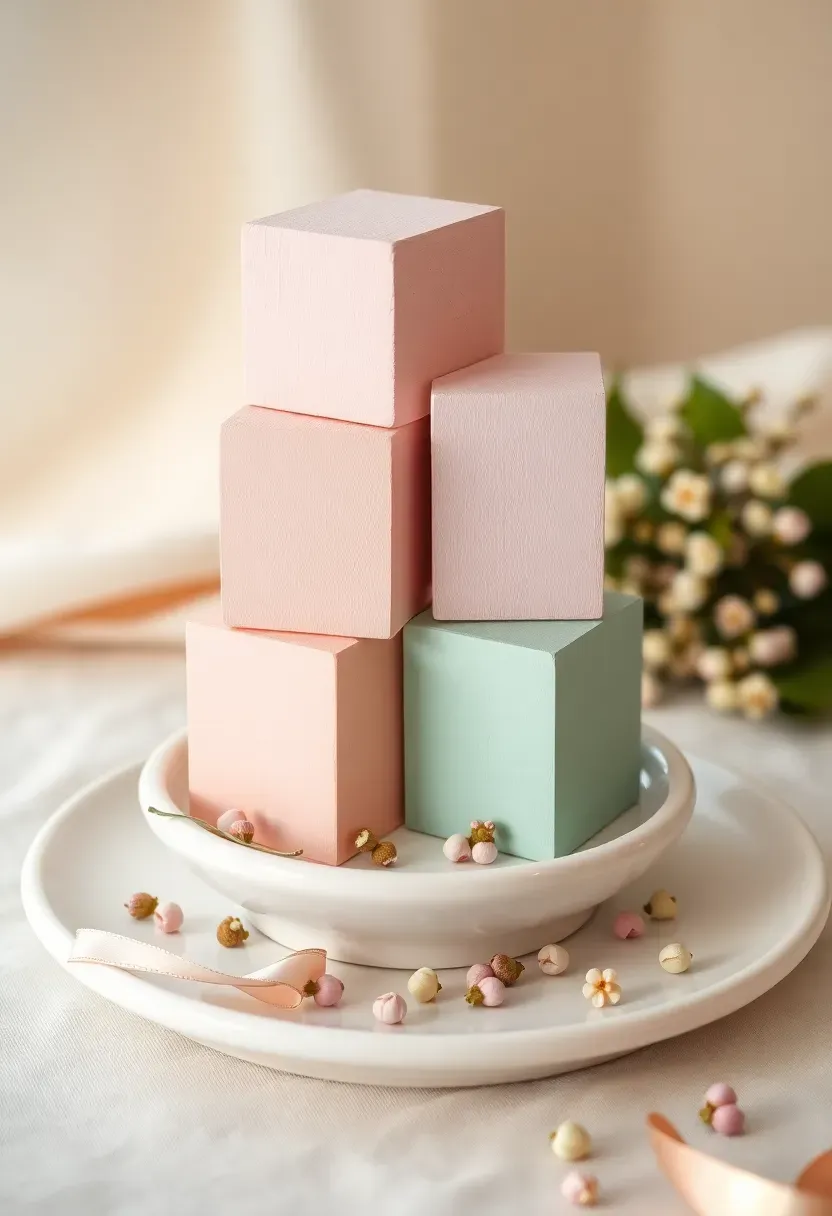 pastel wooden baby blocks spelling BABY stacked with small flowers and ribbon on a decorated shower table