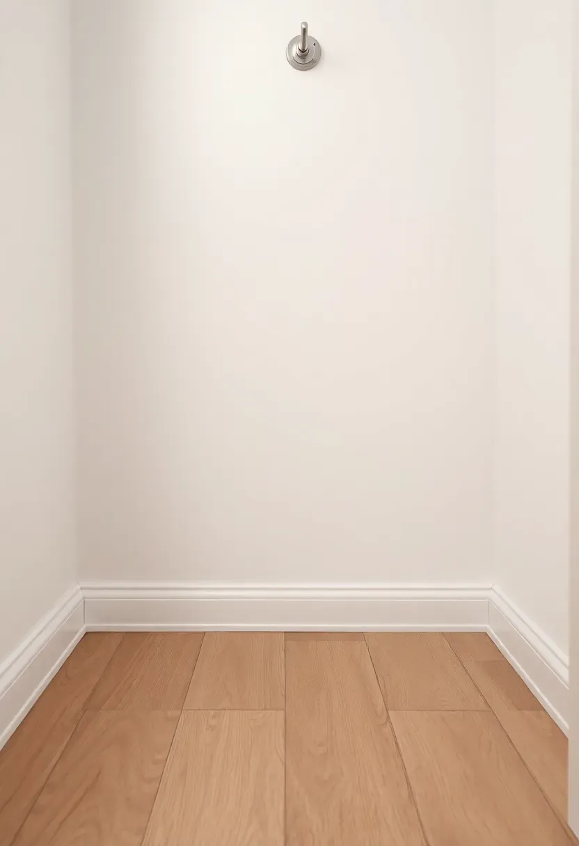 Simple white quarter-round molding used as the only base trim in a small bathroom with wood-look vinyl plank floor