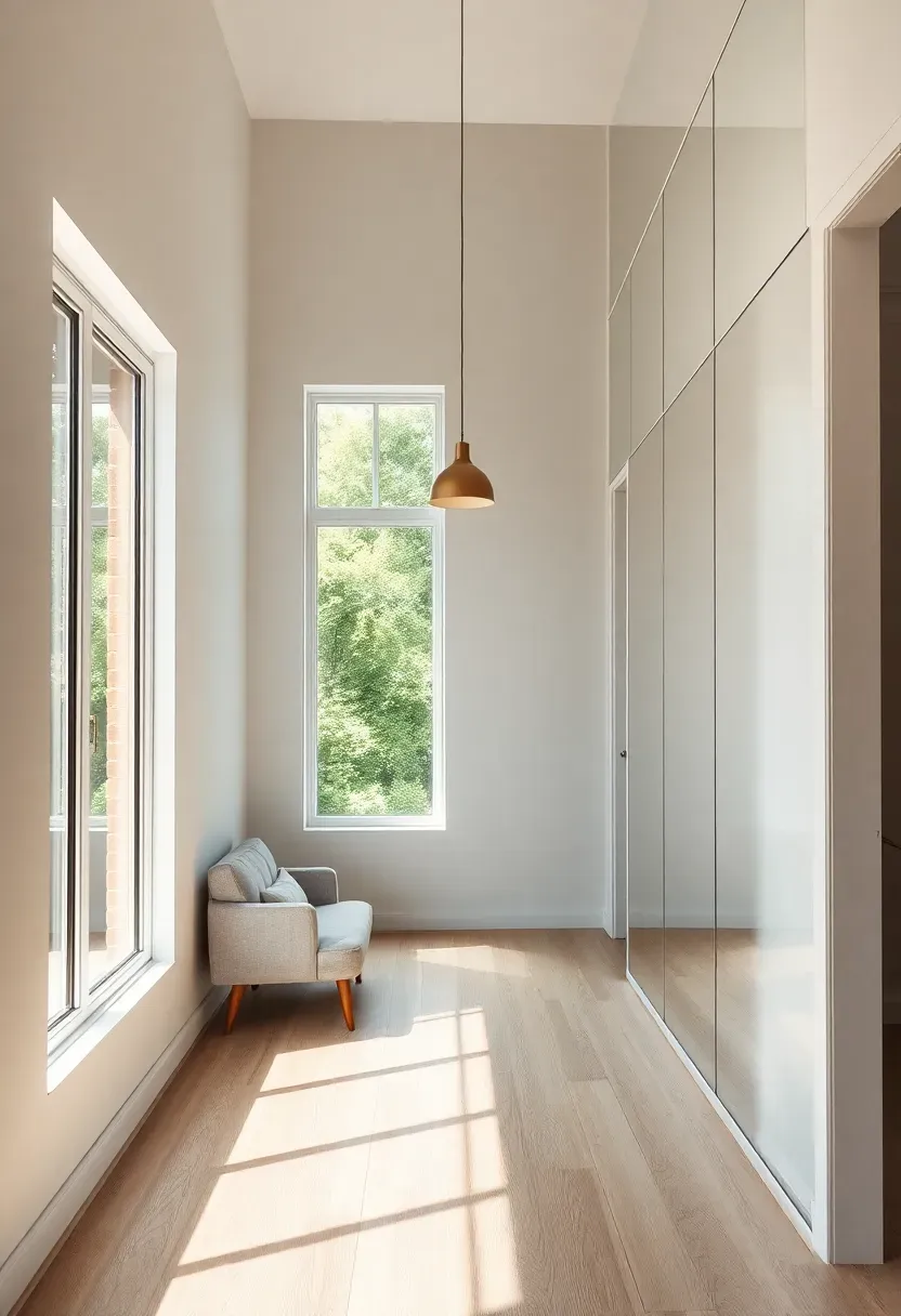 Hyper-realistic 3/4 view of tiny house living room with floor-to-ceiling frameless mirror on entire wall, reflecting opposite window and creating illusion of doubled space, mirror extending from floor to ceiling, white walls, light oak floor, minimal sofa with visible legs, pendant light, natural light flooding in. Materials: frameless mirror with polished edge, white walls, light oak flooring, light gray linen sofa, brass pendant. Bright natural light with mirror reflection, soft shadows, depth illusion emphasized.</p>