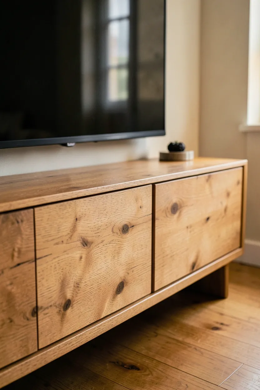 Low raw walnut wood media console with visible grain supporting a TV in a minimal organic modern living room