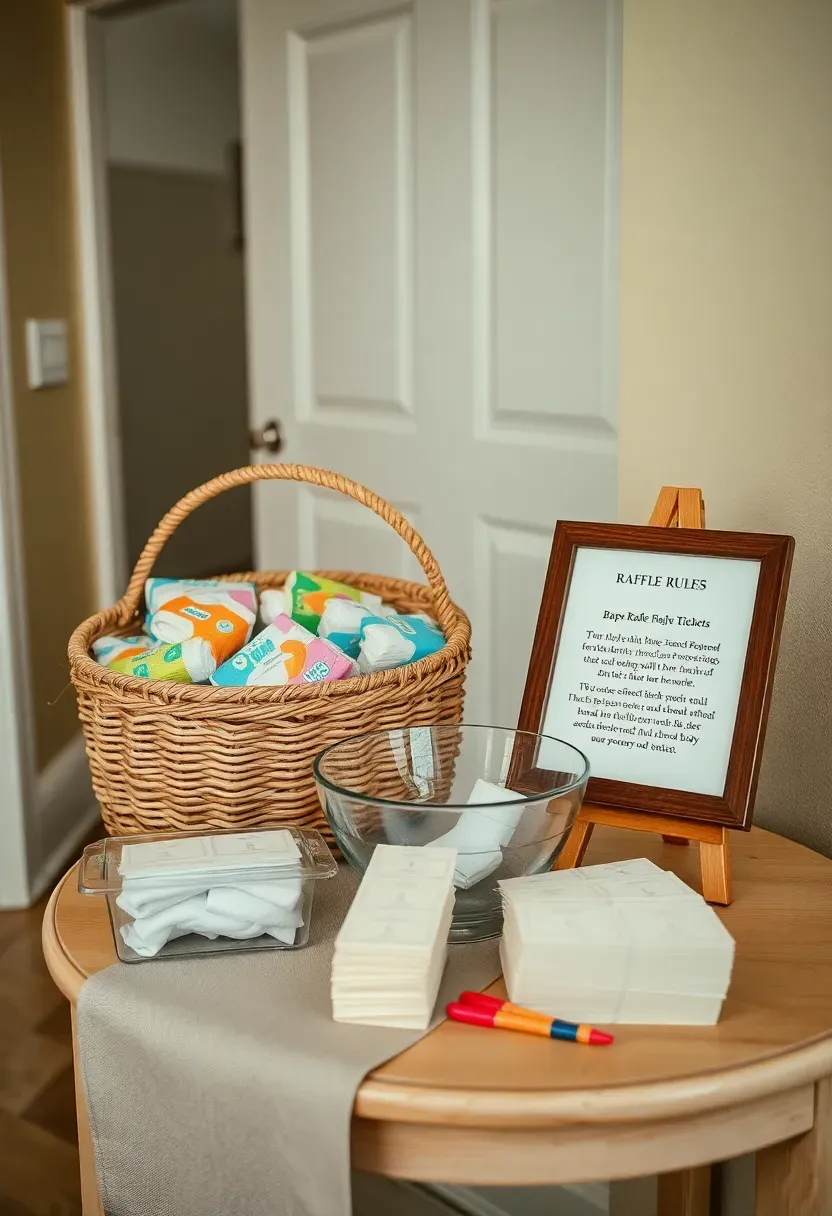 baby shower diaper raffle station with a decorated collection basket, raffle tickets, and a sign explaining the prize drawing rules