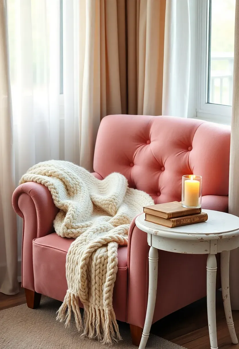 Cozy reading corner with a soft pink velvet armchair, knitted throw blanket, and a small side table with books