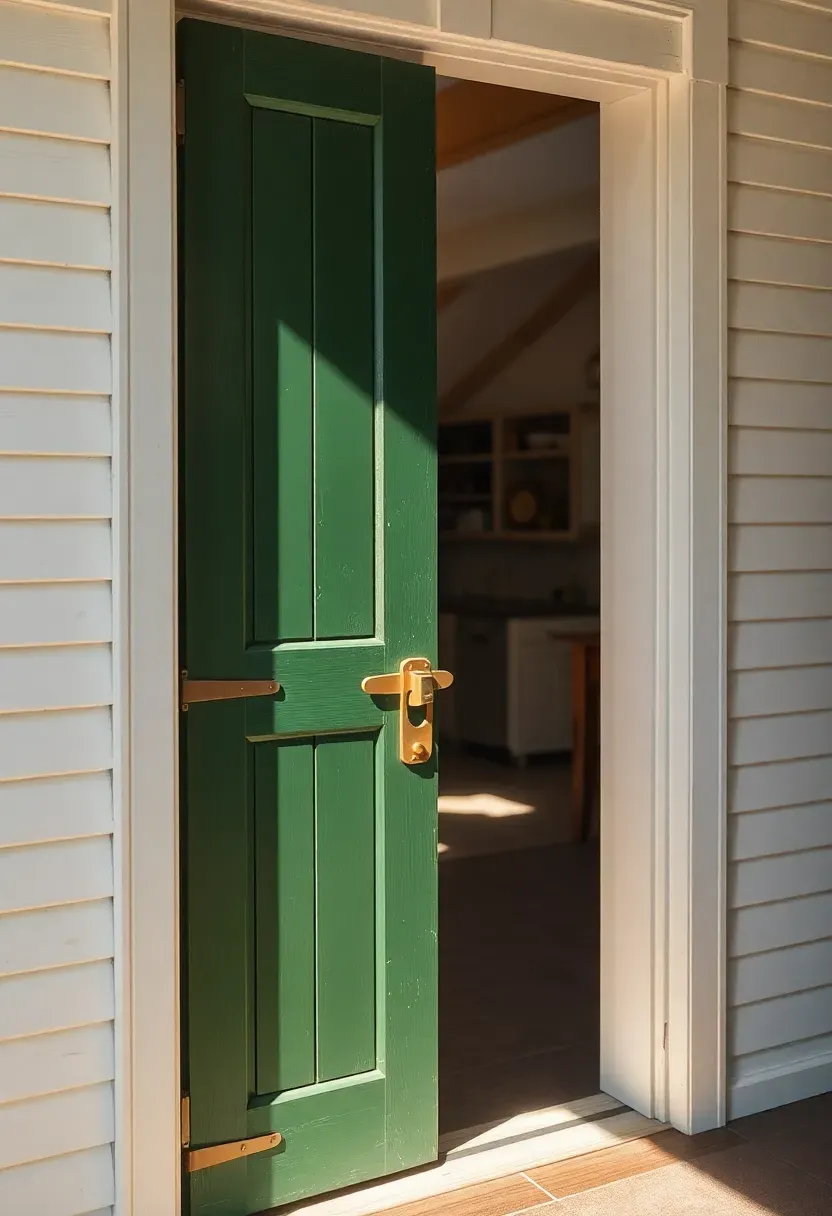 green painted dutch door with brass hardware opening to a colonial home interior