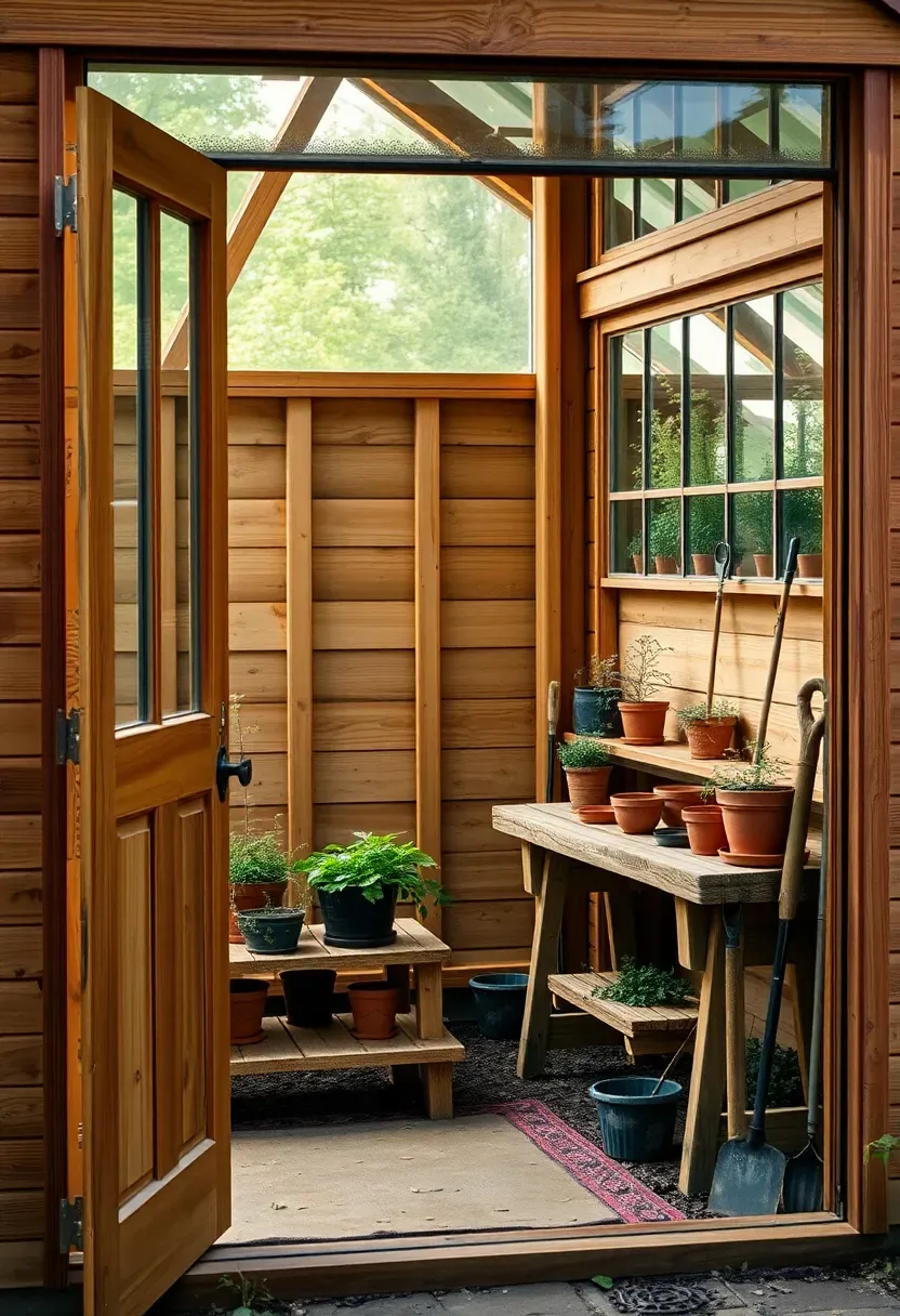 A greenhouse connected to a small cedar potting shed with a workbench visible through an open door surrounded by garden tools