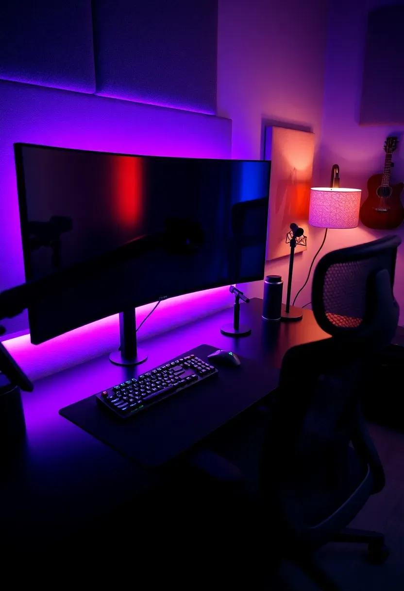 Gaming command center with ultrawide curved monitor, RGB backlit desk setup, ergonomic gaming chair, acoustic panels, streaming camera and microphone, and ambient desk LEDs