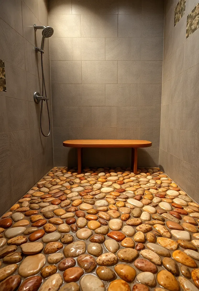 Natural pebble stone tile floor in a walk-in shower area with warm river stones and teak wood bench