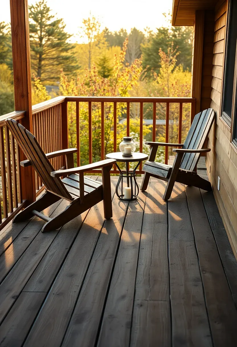 Charming rustic deck built with weathered reclaimed barn wood planks, mismatched wood tones, vintage lantern lighting, and Adirondack chairs