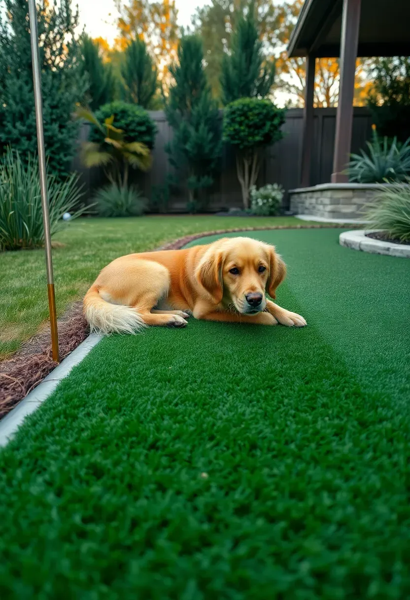 Backyard putting green with a section of pet-friendly artificial turf and a dog lounging near the edge